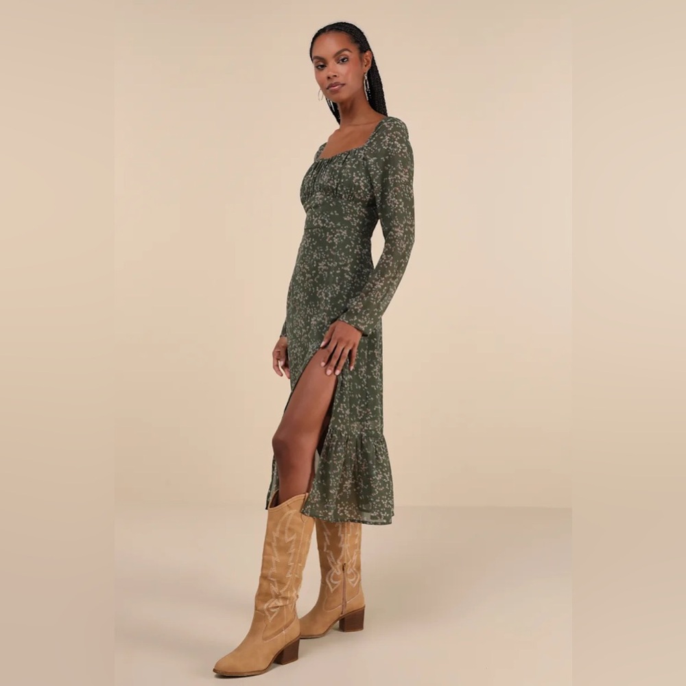 NWT Lulus perfectly elevated olive green floral midi dress